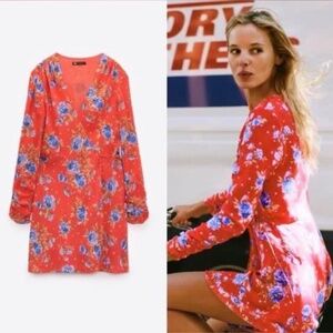 NWT Zara Women's Red Floral Mini Wrap Dress